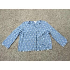 Croft & Barrow Top Womens L Blue Embroidered Eyelet Button Up Scallop Hem